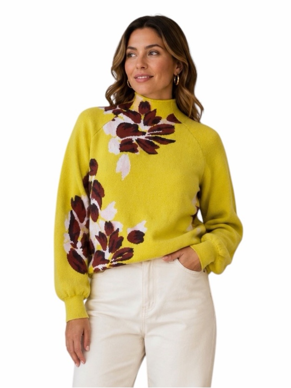 By Anthropologie Chartreuse Large Floral Mock Neck Sweater